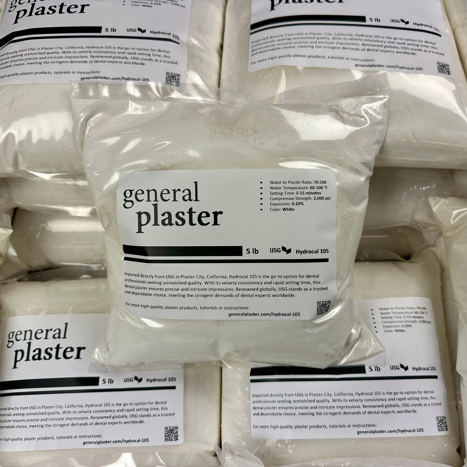 Sealed 5 lb bag of USG Hydrocal 105 from GP on a stack